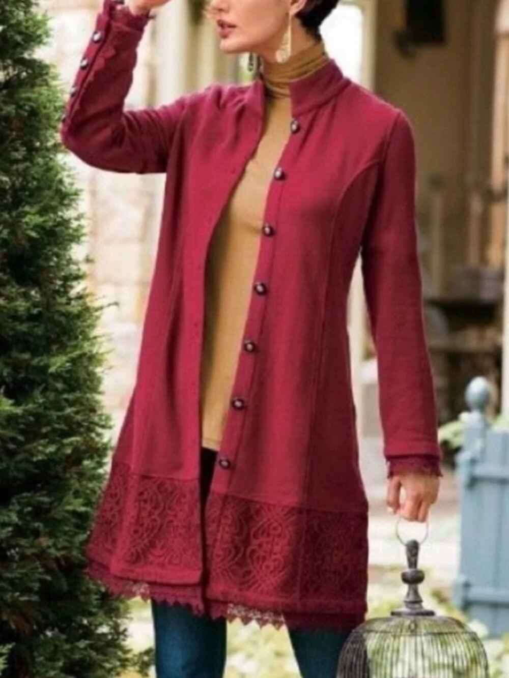 Soft Surroundings Chelsea Boho Red Lace Trim Long Line Coat Size Medium